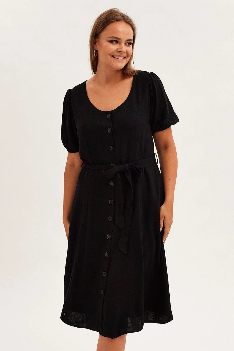 Buckle-Detail Black Short Sleeve Button Through Linen Blend Midi Dress