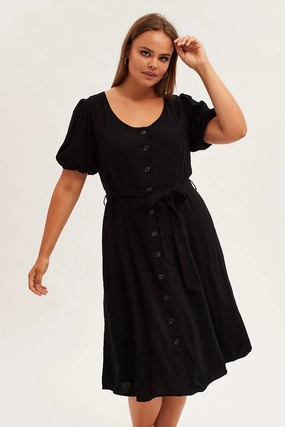 Black Short Sleeve Button Through Linen Blend Midi Dress Pearl-Detail