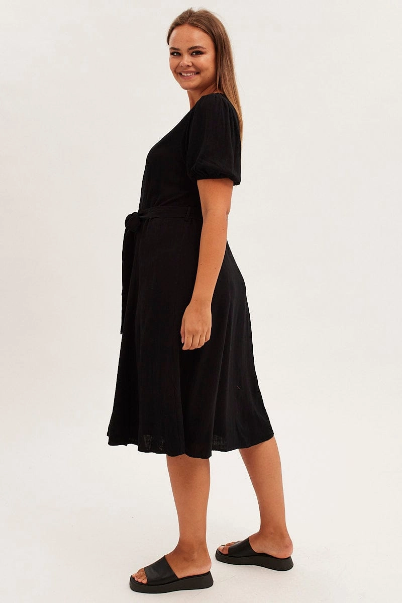 Black Short Sleeve Button Through Linen Blend Midi Dress Pure Elegance