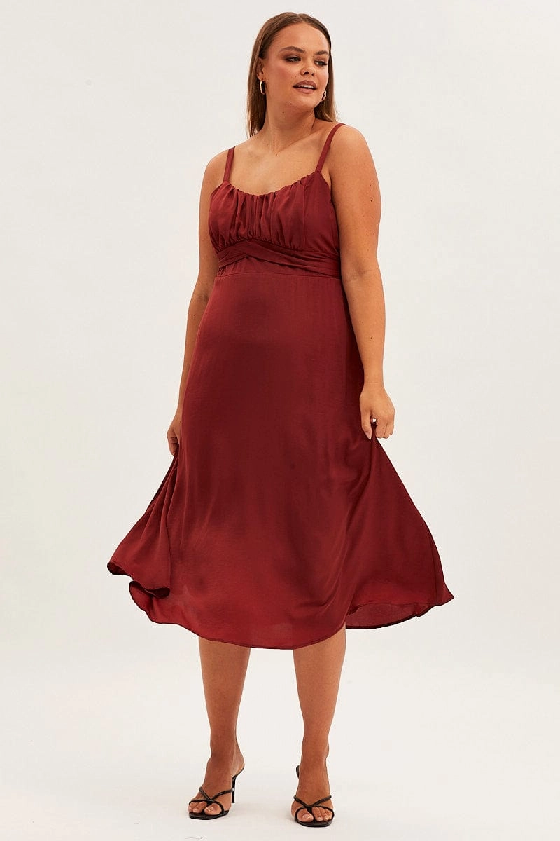 Ethically-Made Modern Waistband Red Midi Dress Shoestring Strap Tie Back Satin