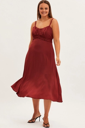 Smooth Lines Subtle Mood Red Midi Dress Shoestring Strap Tie Back Satin
