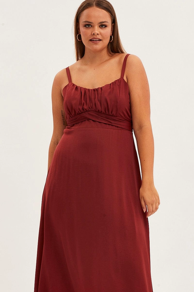 Free Shape Red Midi Dress Shoestring Strap Tie Back Satin