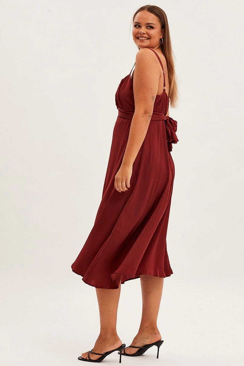 Red Midi Dress Shoestring Strap Tie Back Satin animal-print Layered Texture