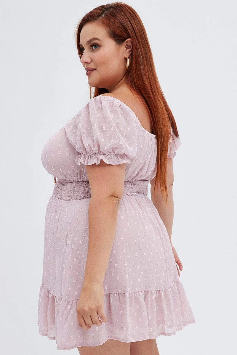 Exclusive-Design Fashion Option Pink Fit And Flare Dress Short Sleeve Ruched Bust