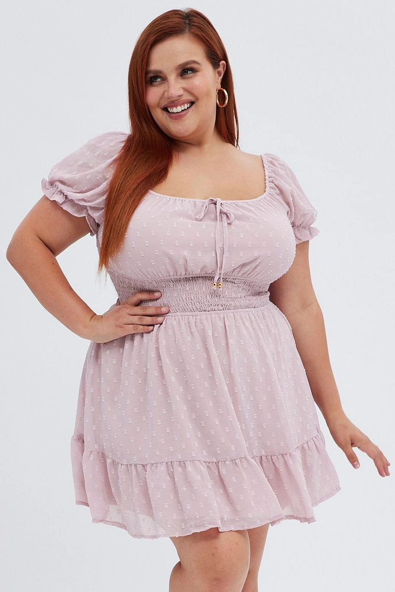 Coastal Soft Style Base Pink Fit And Flare Dress Short Sleeve Ruched Bust