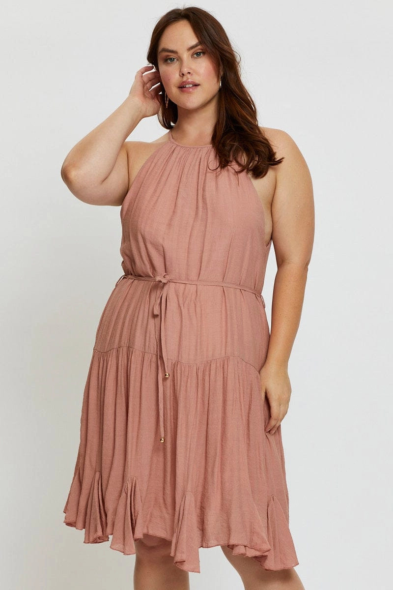 Move Easy Pink Skater Dress Halter Sleeveless Ruffle Hem