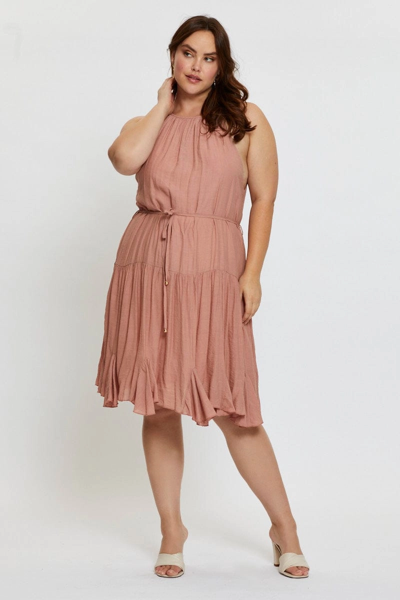Flowy Layers Pink Skater Dress Halter Sleeveless Ruffle Hem