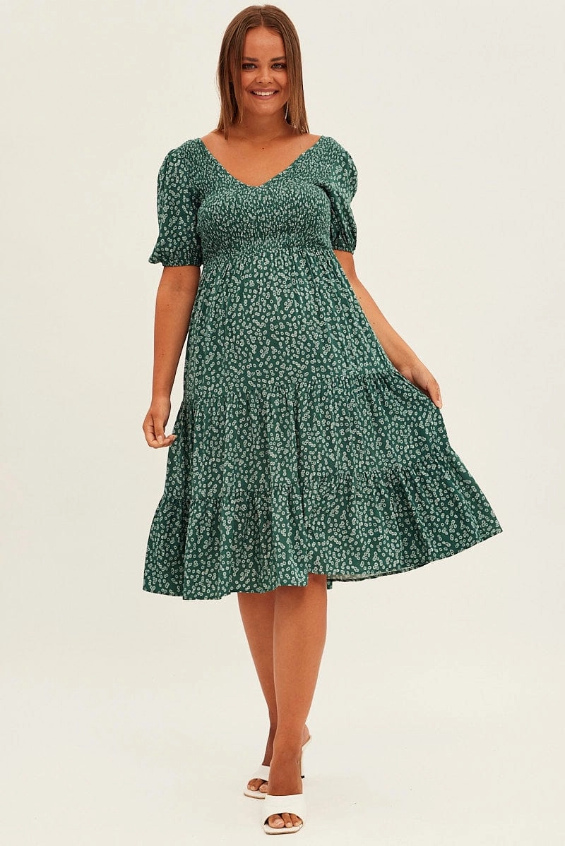 Green Ditsy Midi Dress Shirred Bodice V-neck Frayed-Edge