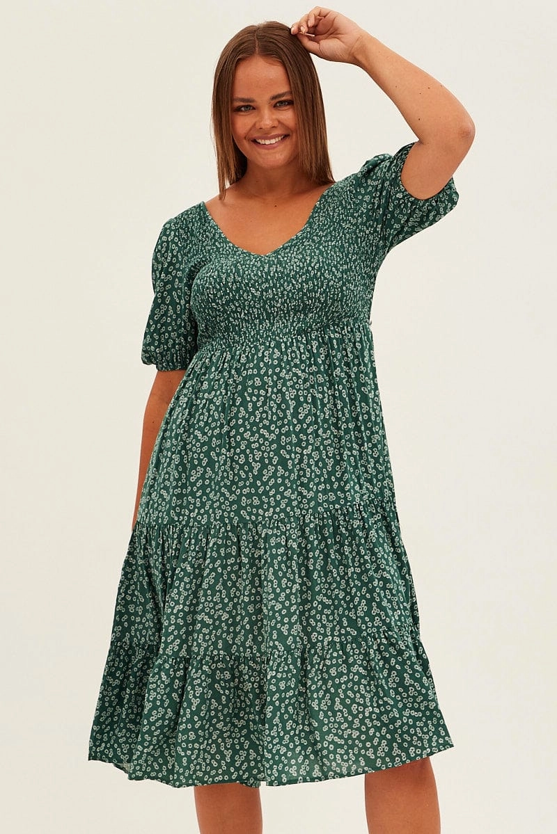 relaxed shape Green Ditsy Midi Dress Shirred Bodice V-neck