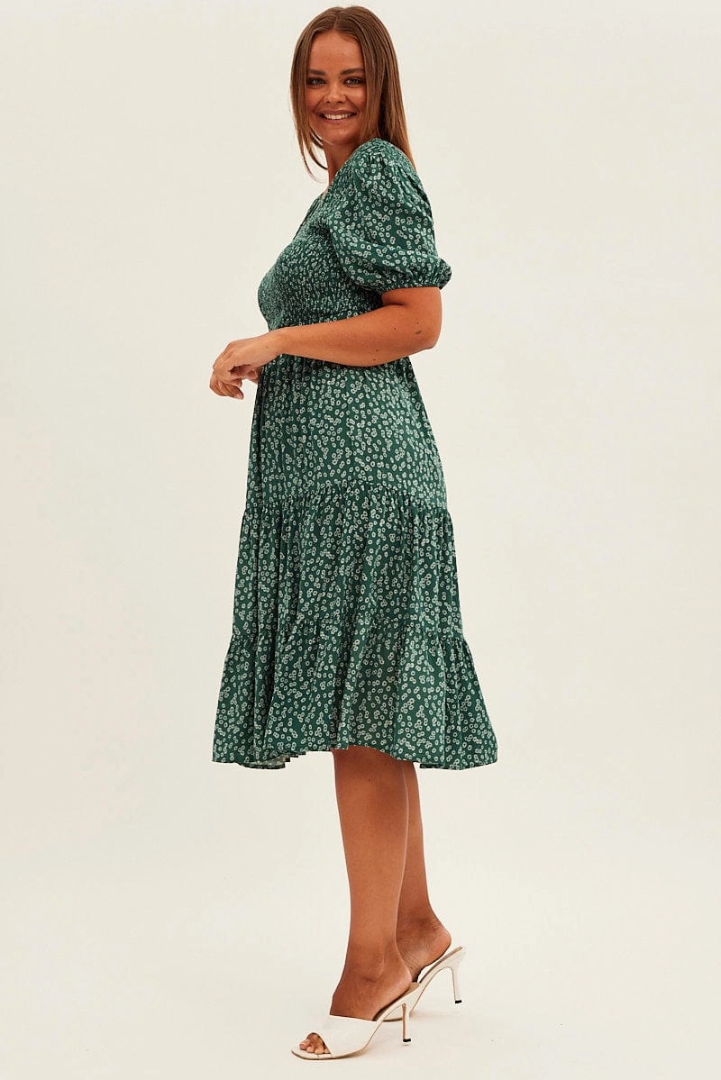 Green Ditsy Midi Dress Shirred Bodice V-neck Perfect for Layering
