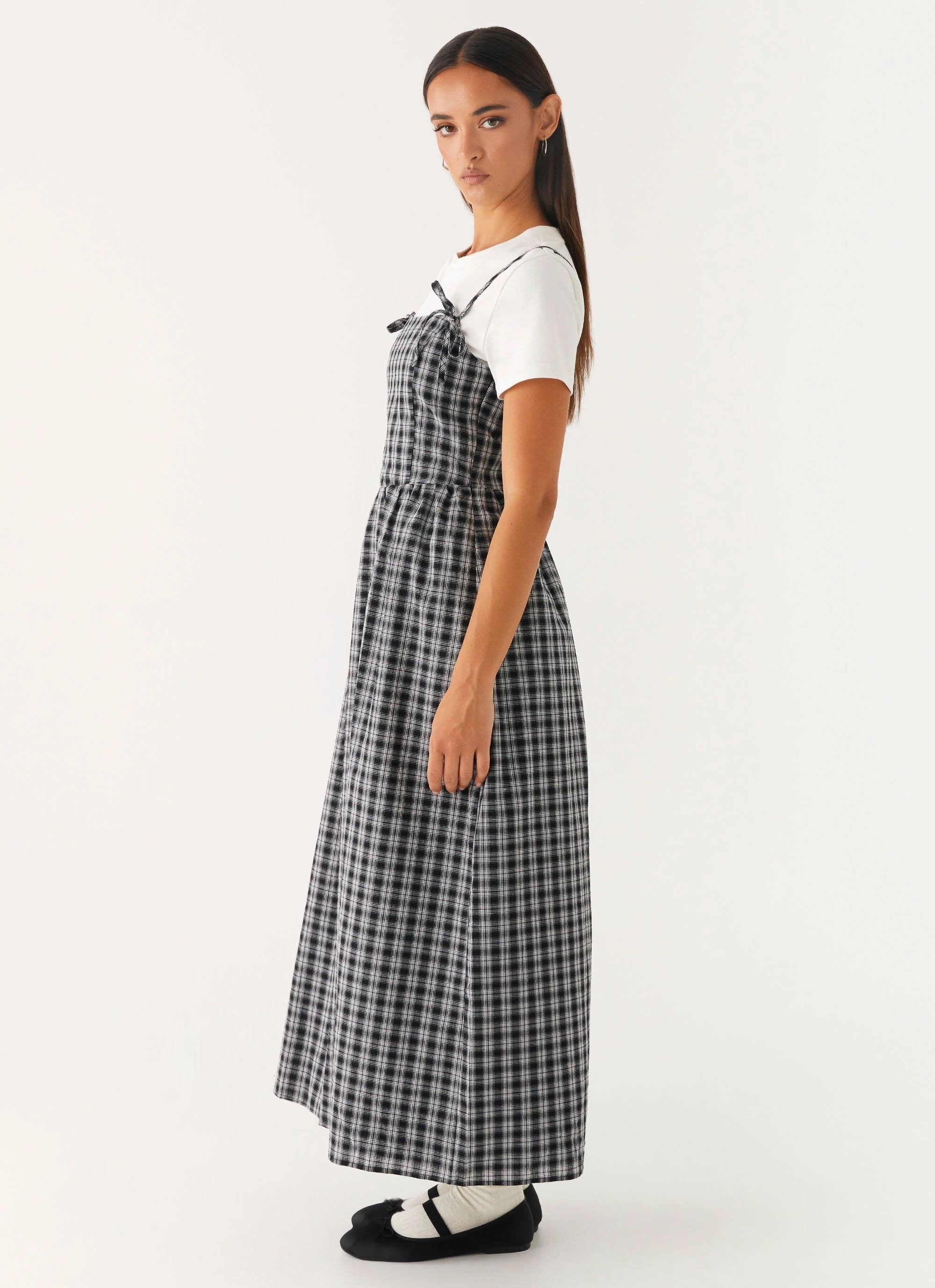 Sophisticated Layers Adjustable Straps Ramsey Midi Dress - White Black Check