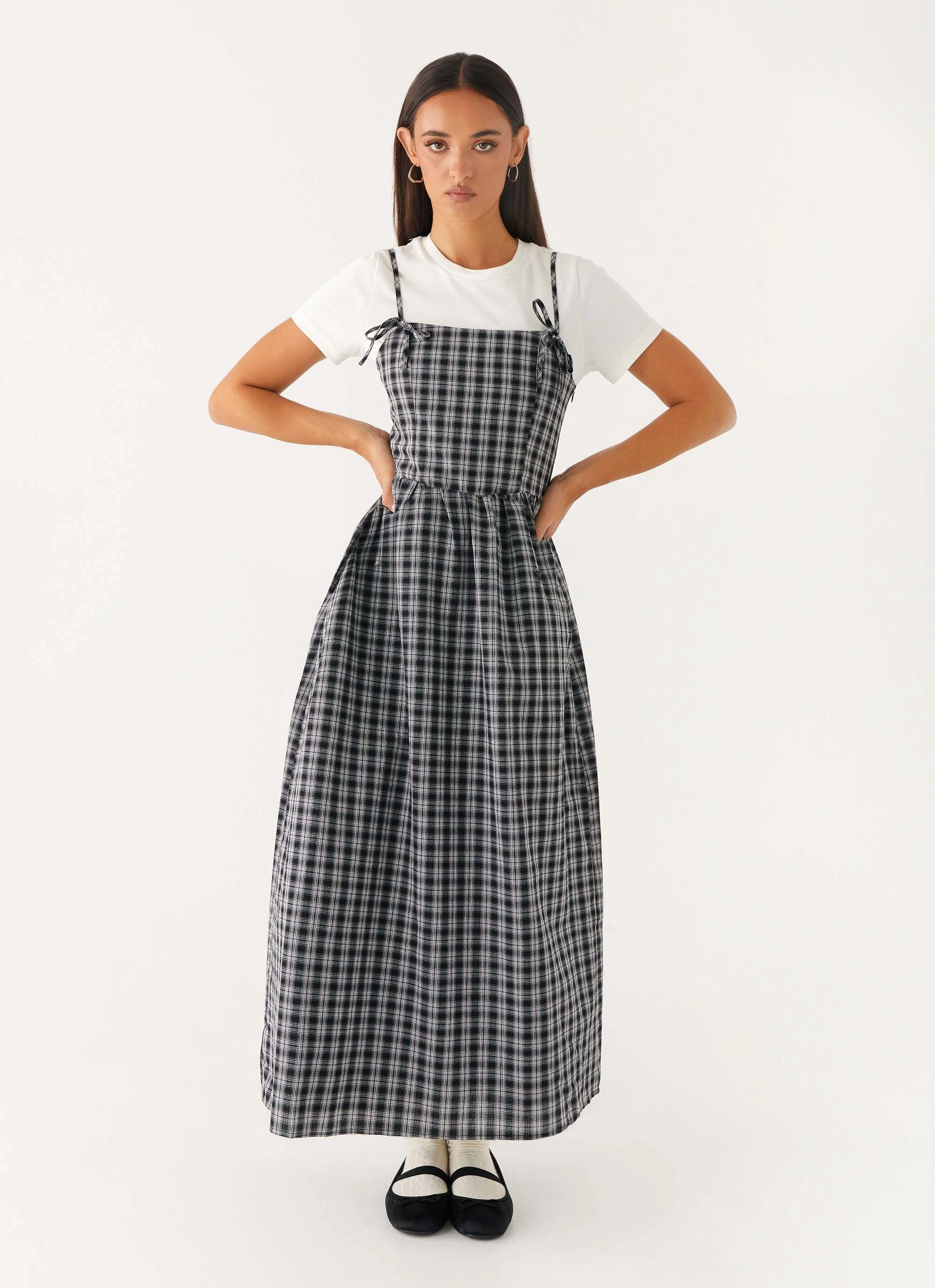 Tulle-Overlay Ramsey Midi Dress - White Black Check