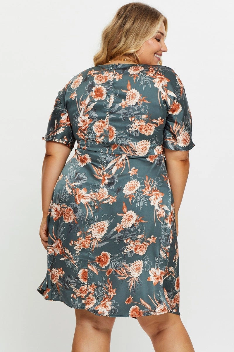 Floral Print Skater Dress V-neck Three-Quarter Sleeve Cool Layers
