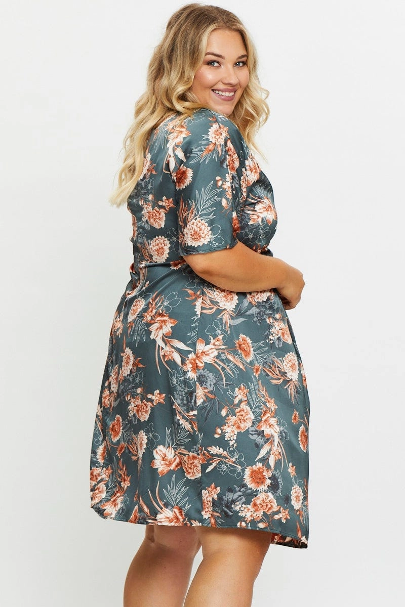Floral Print Skater Dress V-neck Three-Quarter Sleeve City Casual Coastal Soft