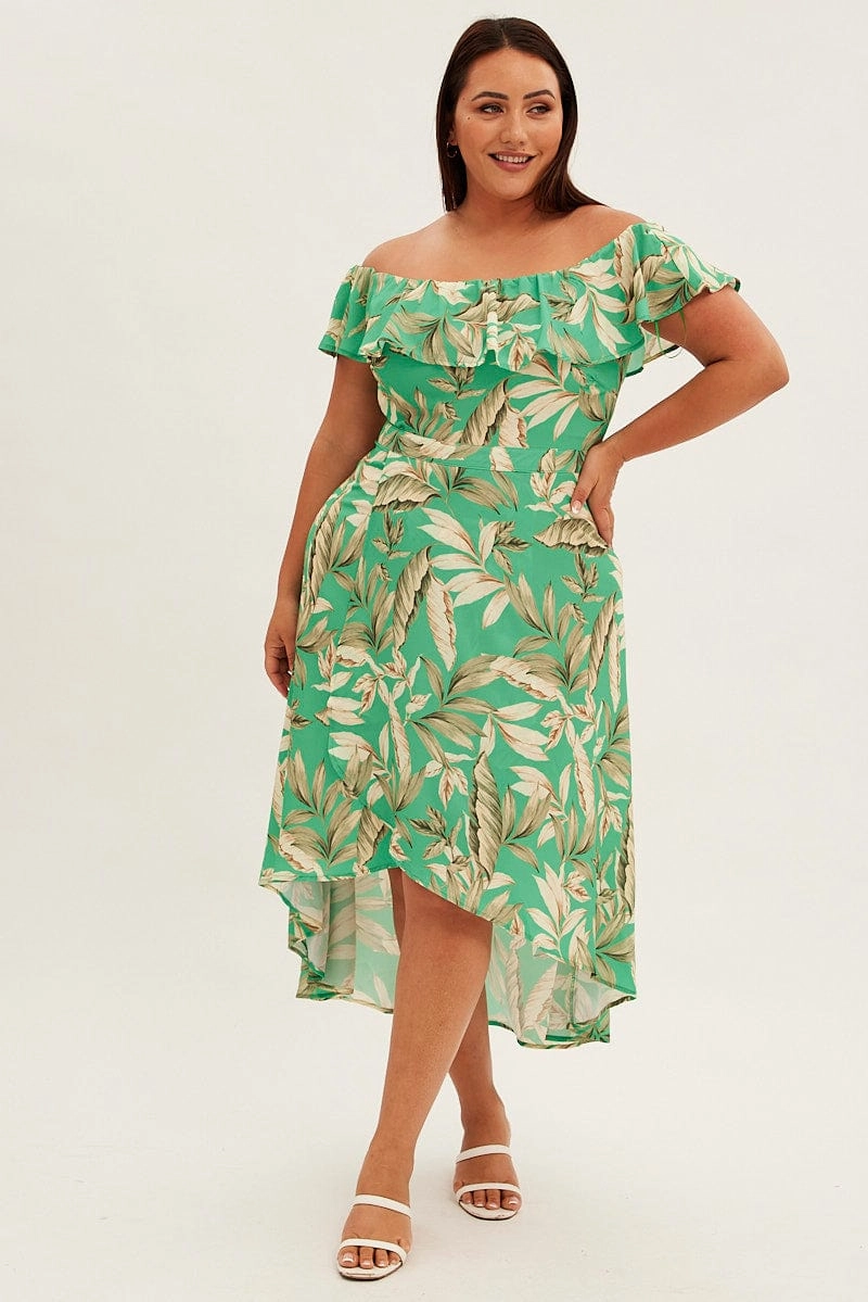 Inner Feel Green Floral Maxi Dress Off Shoulder Crepe