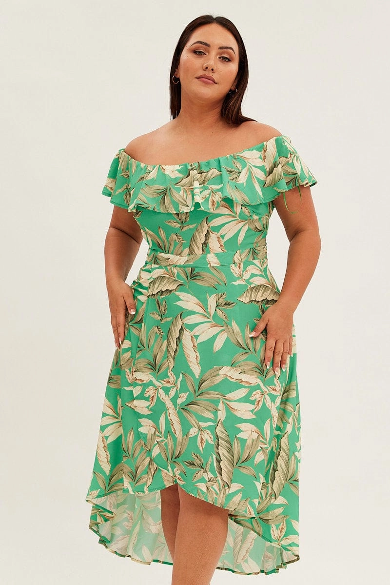 Chic Rhythm Date Vibe Green Floral Maxi Dress Off Shoulder Crepe
