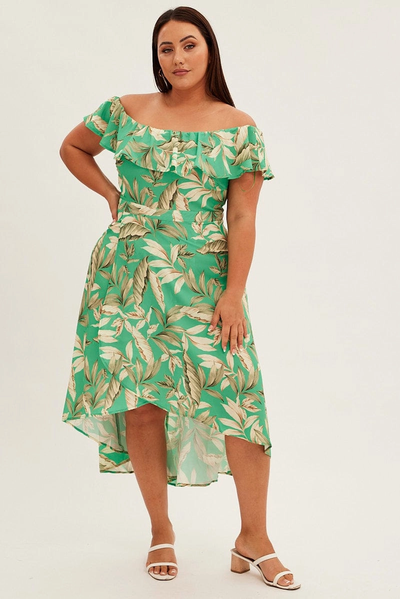 Green Floral Maxi Dress Off Shoulder Crepe Korean Trend
