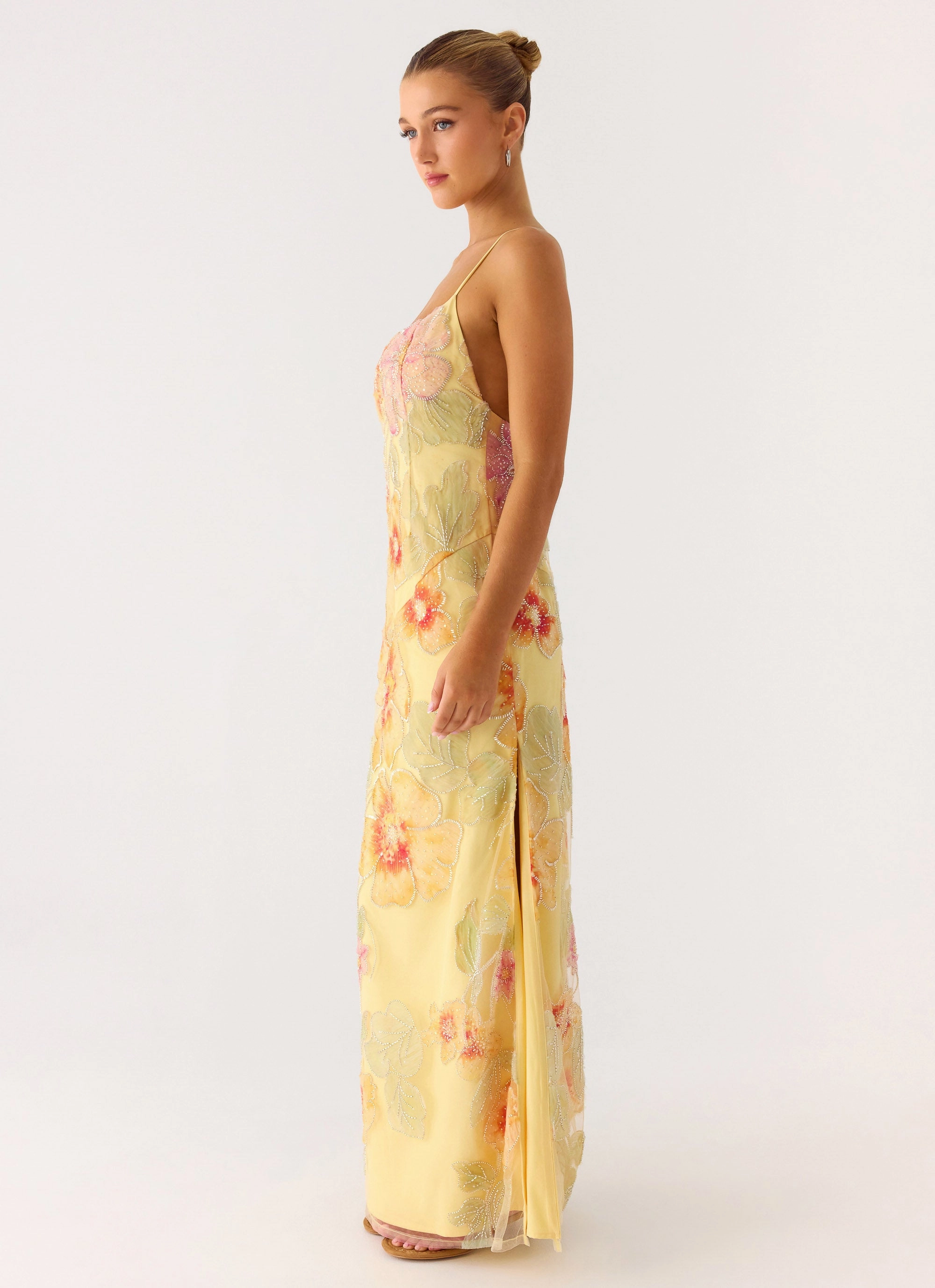 Morning Light Beaded Maxi Dress - Yellow Floral Beaded Petal Zone Soul Warm