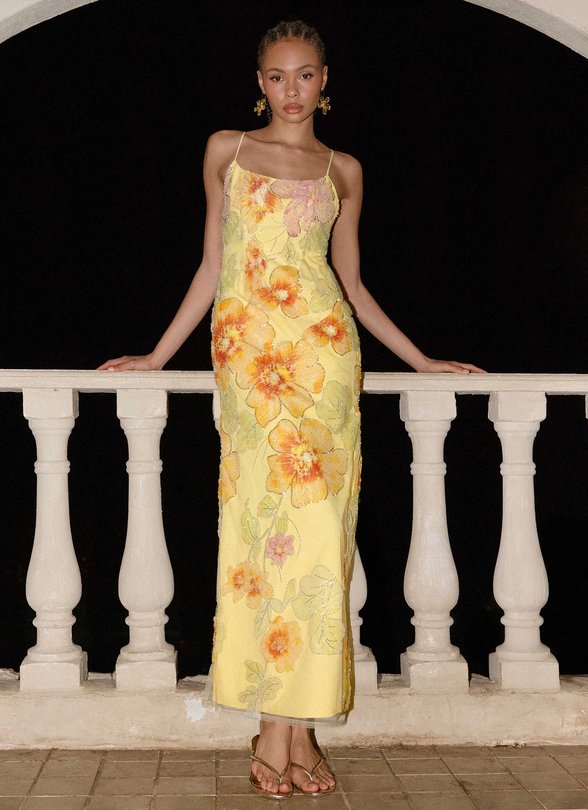 Euro Ease Charming Style Morning Light Beaded Maxi Dress - Yellow Floral Beaded
