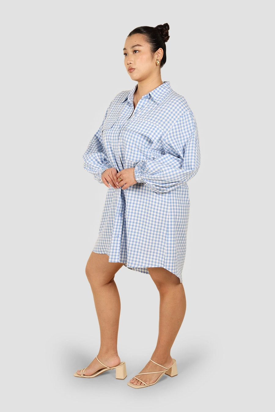 Jewel-Tone Urban Edge RORAN BUTTON DRESS BLUE GINGHAM