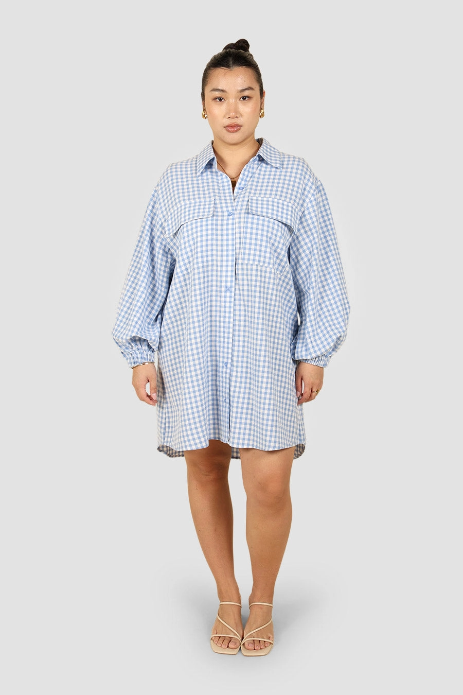 RORAN BUTTON DRESS BLUE GINGHAM Clean Chic Clasp-Closure