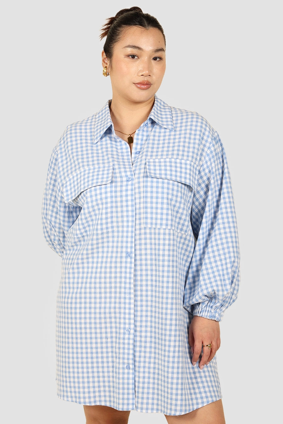 Sophisticated Elegance RORAN BUTTON DRESS BLUE GINGHAM