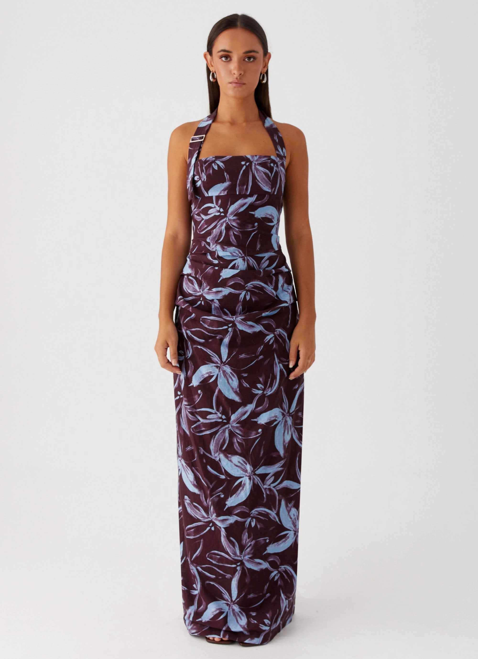 Fauna Halter Maxi Dress - Brown Purple Floral Elegant Motion packable