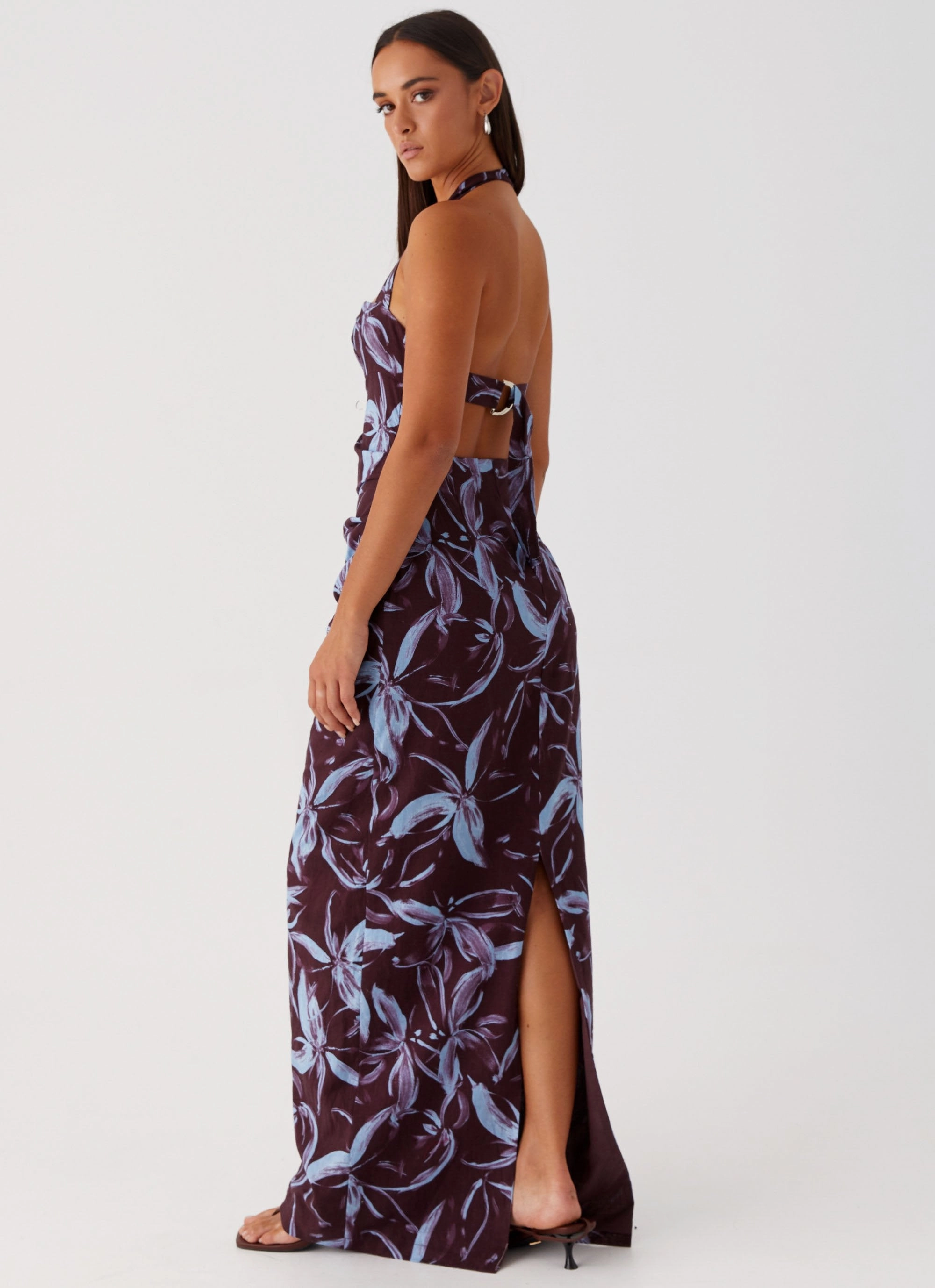 Classic and Modern Fauna Halter Maxi Dress - Brown Purple Floral