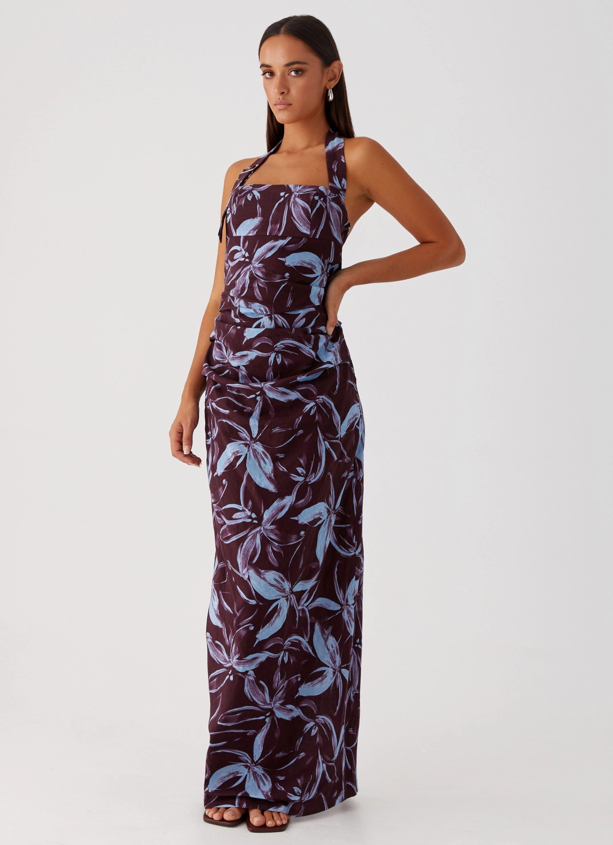 Summer Outfit Fauna Halter Maxi Dress - Brown Purple Floral