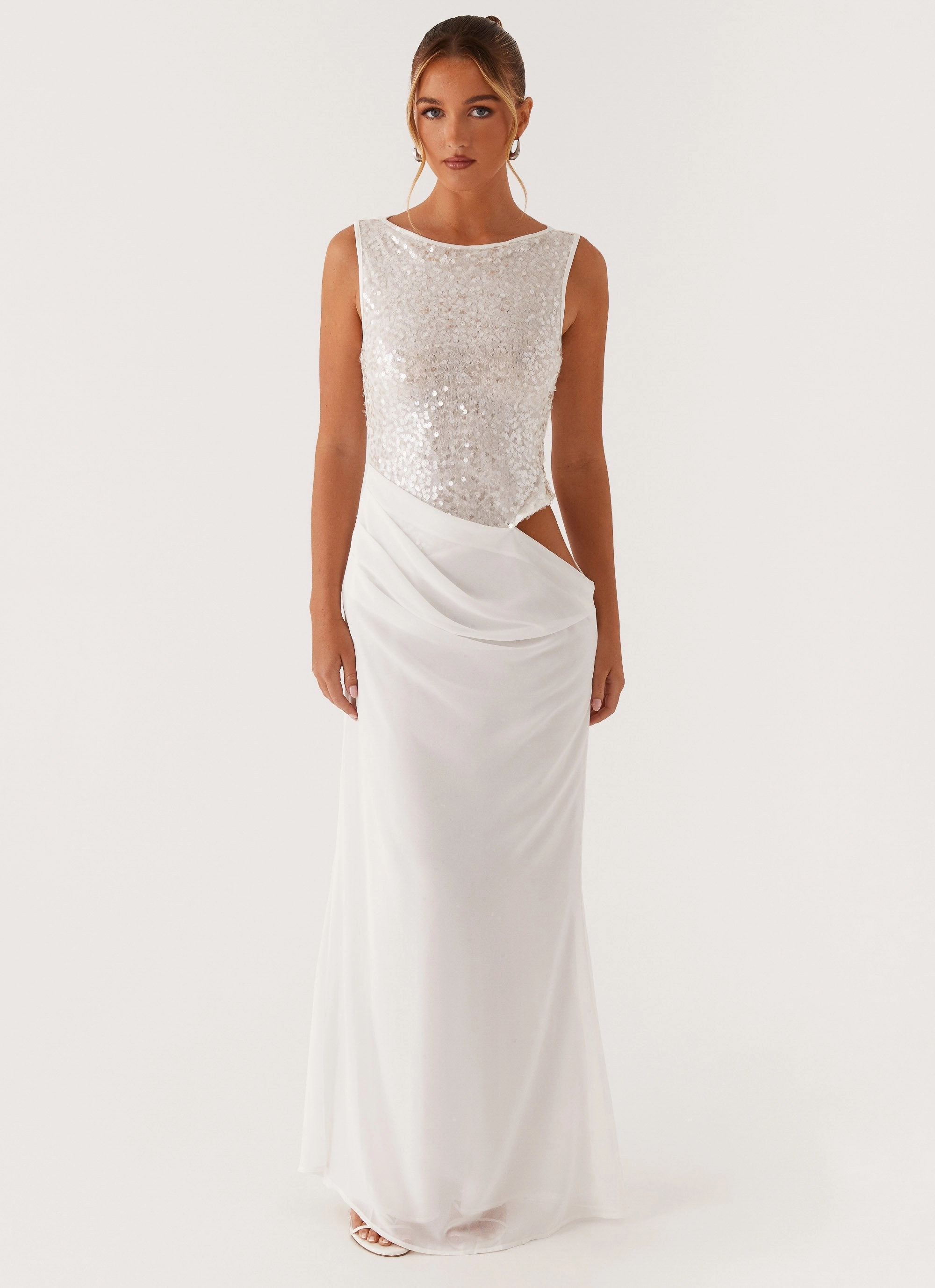 Brunch Outfit Above Ground Sequin Maxi Dress - White