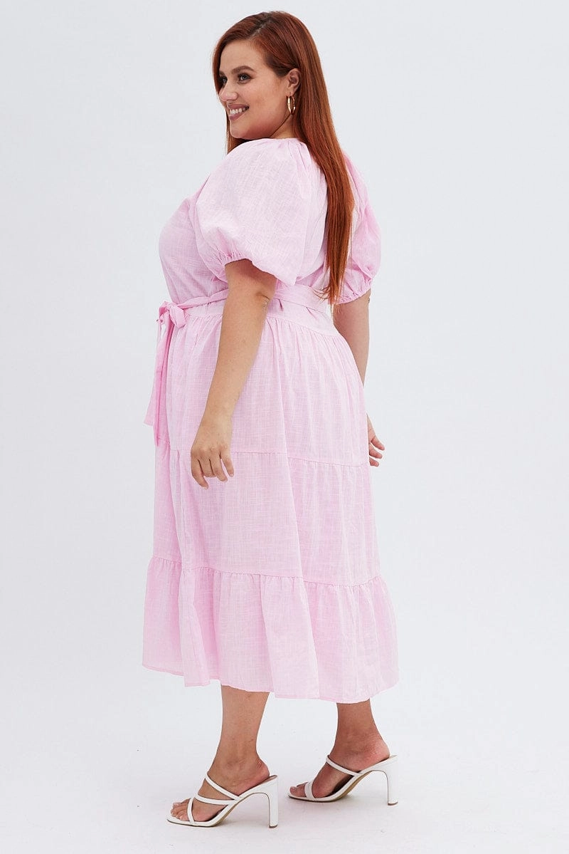 Pink Midi Dress Tiered Notch Collar Belted Charming Style