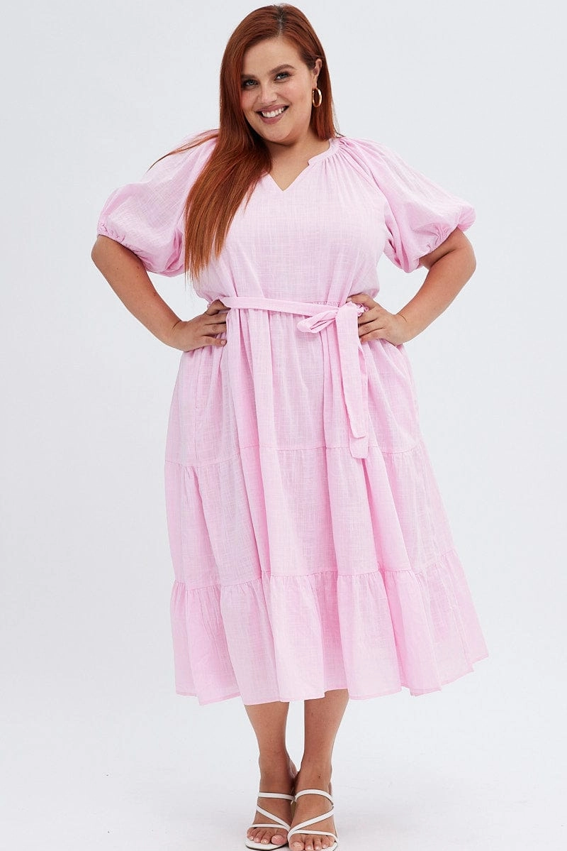 Pink Midi Dress Tiered Notch Collar Belted Fall Piece Calm Texture