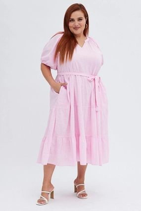 Pink Midi Dress Tiered Notch Collar Belted Dreamy Touch