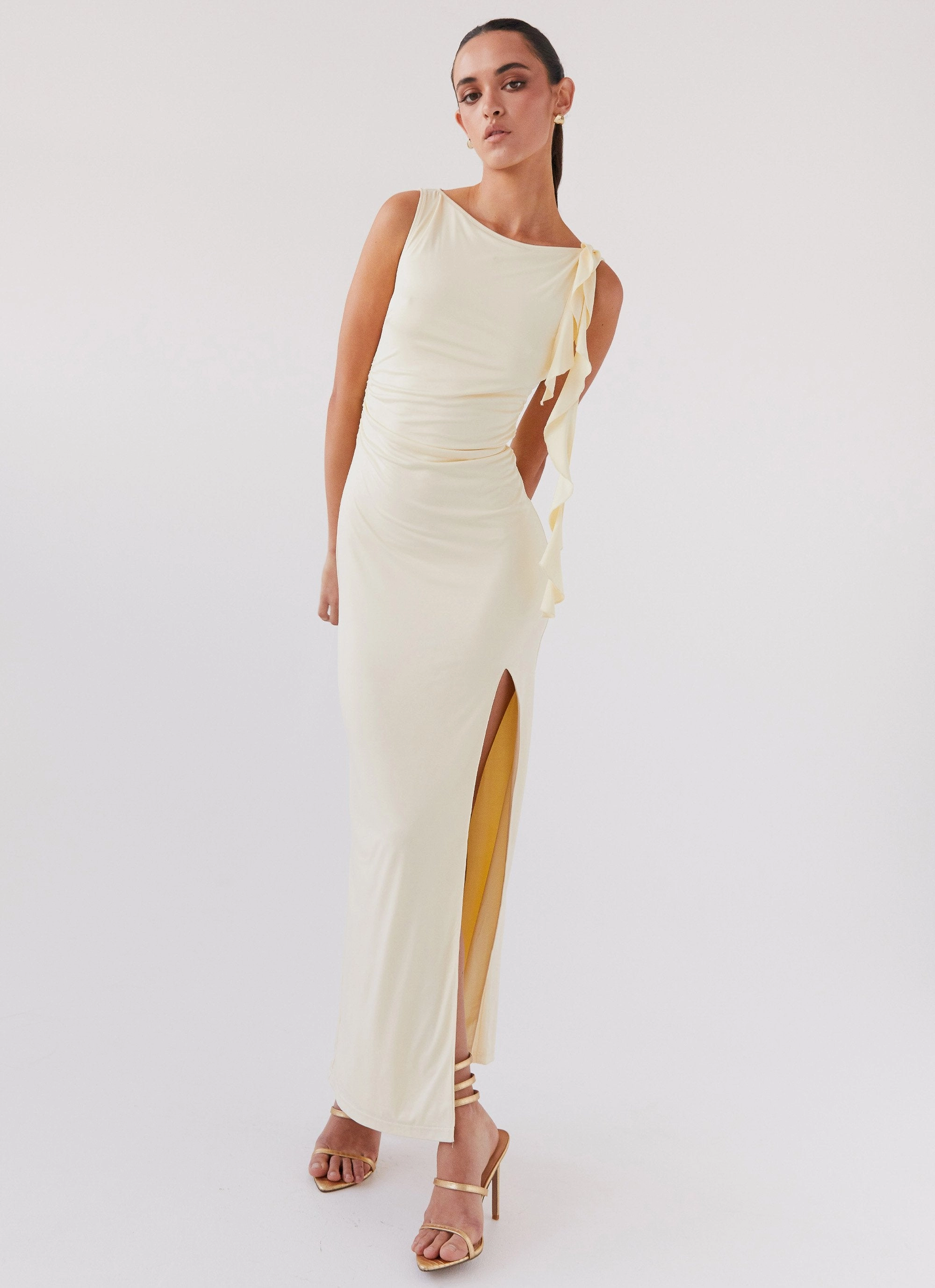 Statement Neck Stay With Me Frill Maxi Dress - Buttercream