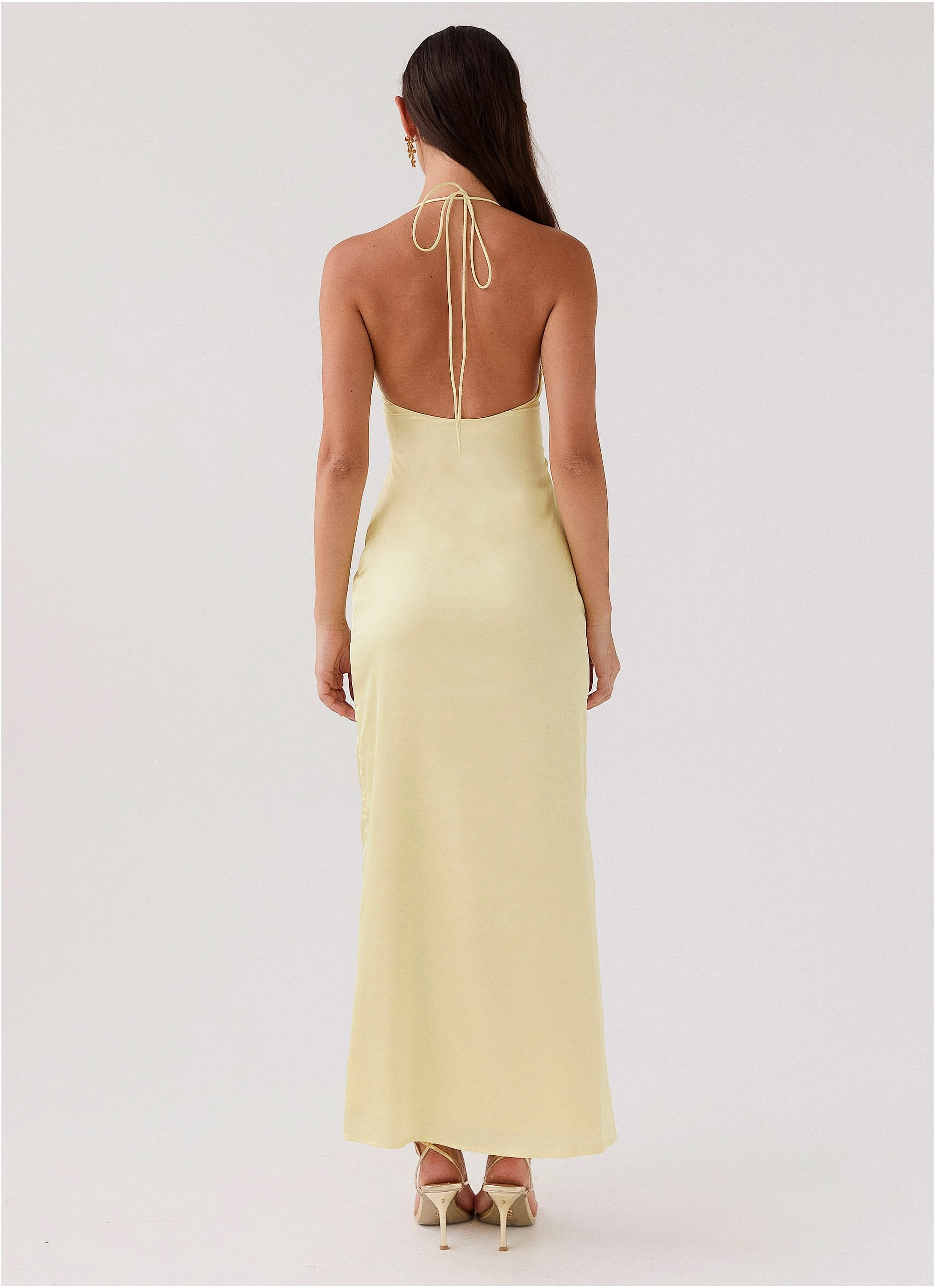 Dream Sight Lace Satin Maxi Dress - Lemon Sleek Waist Design Fit High-Neck