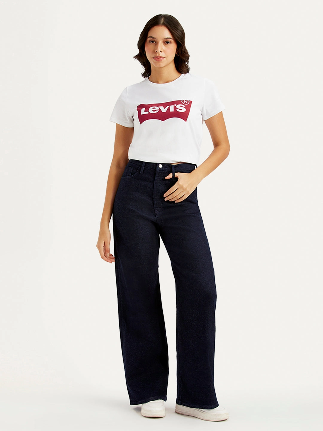 Comfort Wear Women's Navy Blue Ribcage Bell Bottom Wide Leg Fit High Rise Jeans