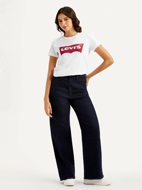 Women's Navy Blue Ribcage Bell Bottom Wide Leg Fit High Rise Jeans Weather Friendly Comfy Waist Fit