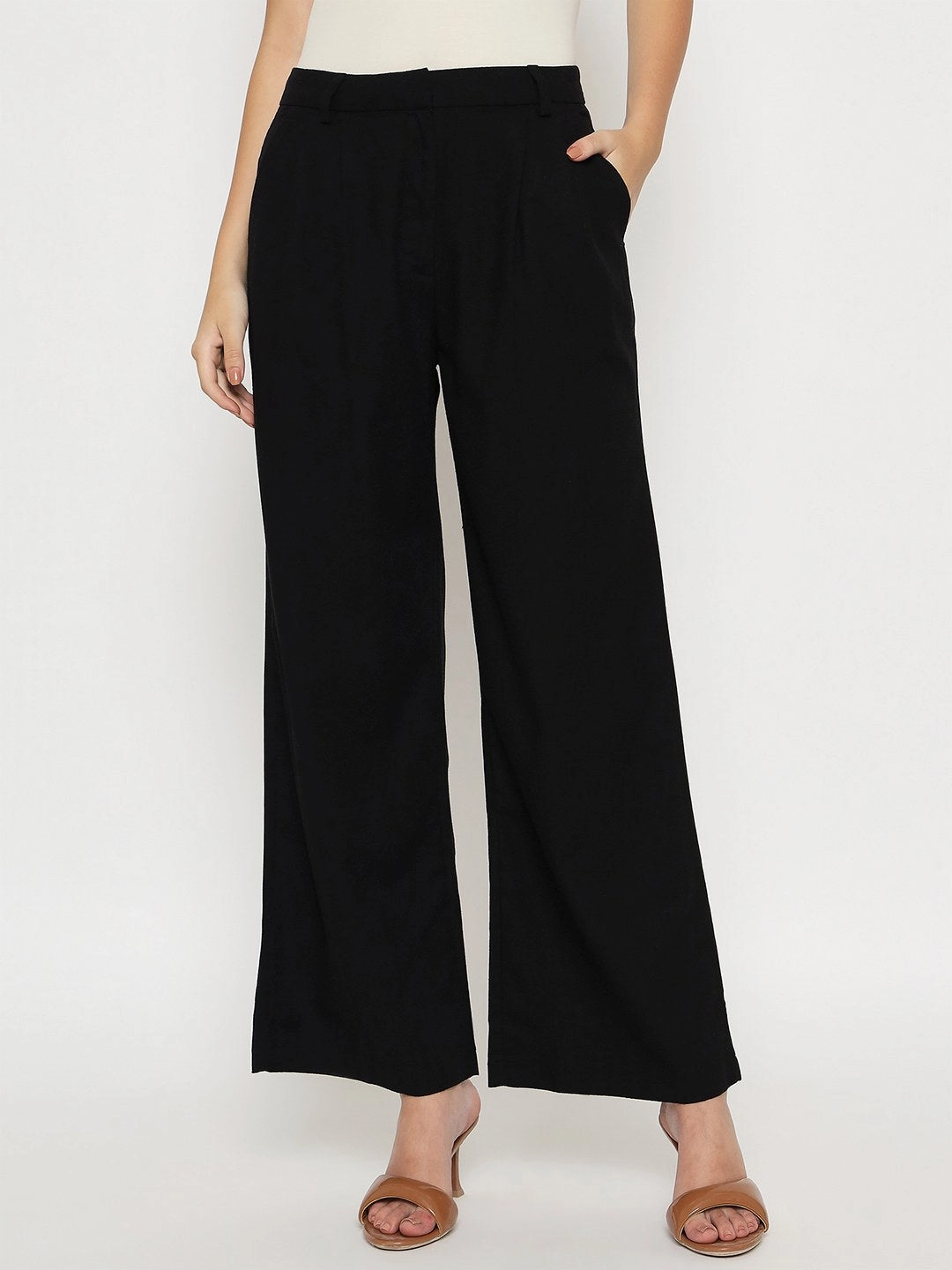 Cozy Style Madame Cotton Blend Black Wide Leg Trousers