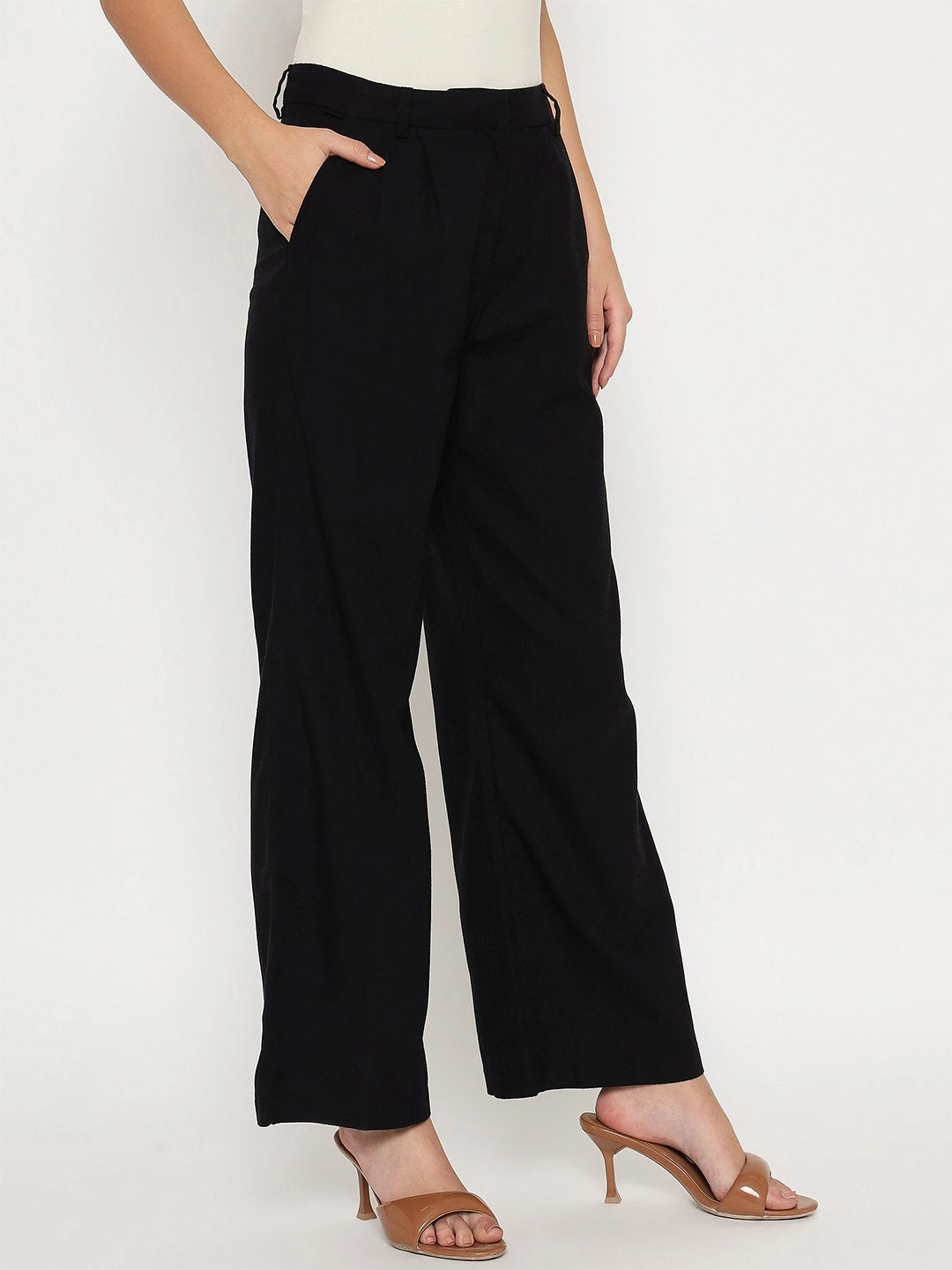 Madame Cotton Blend Black Wide Leg Trousers Bonded Seam Technology