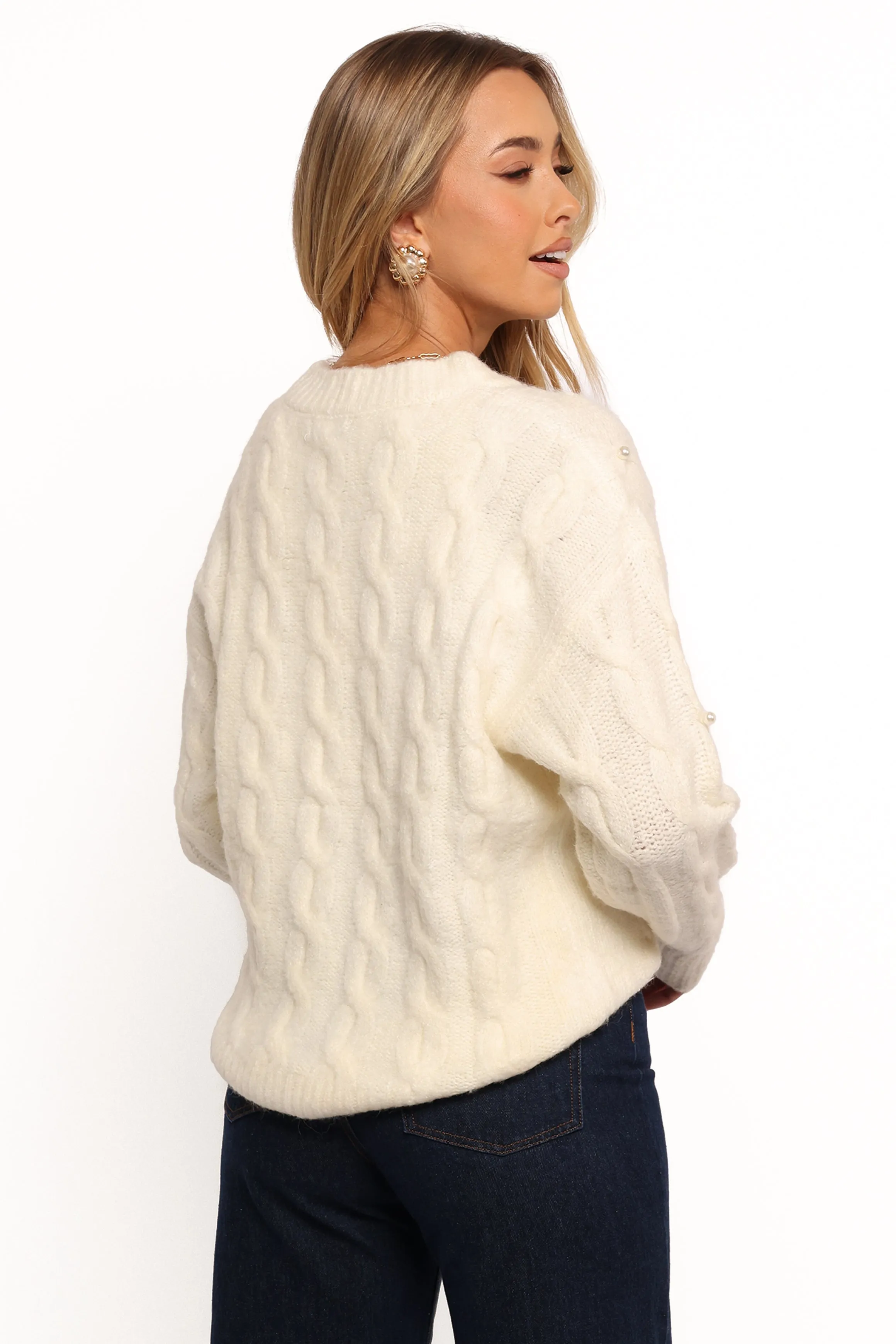 Fall Vibes Kalai Cable Knit Pearl Detail Knit Sweater - Cream