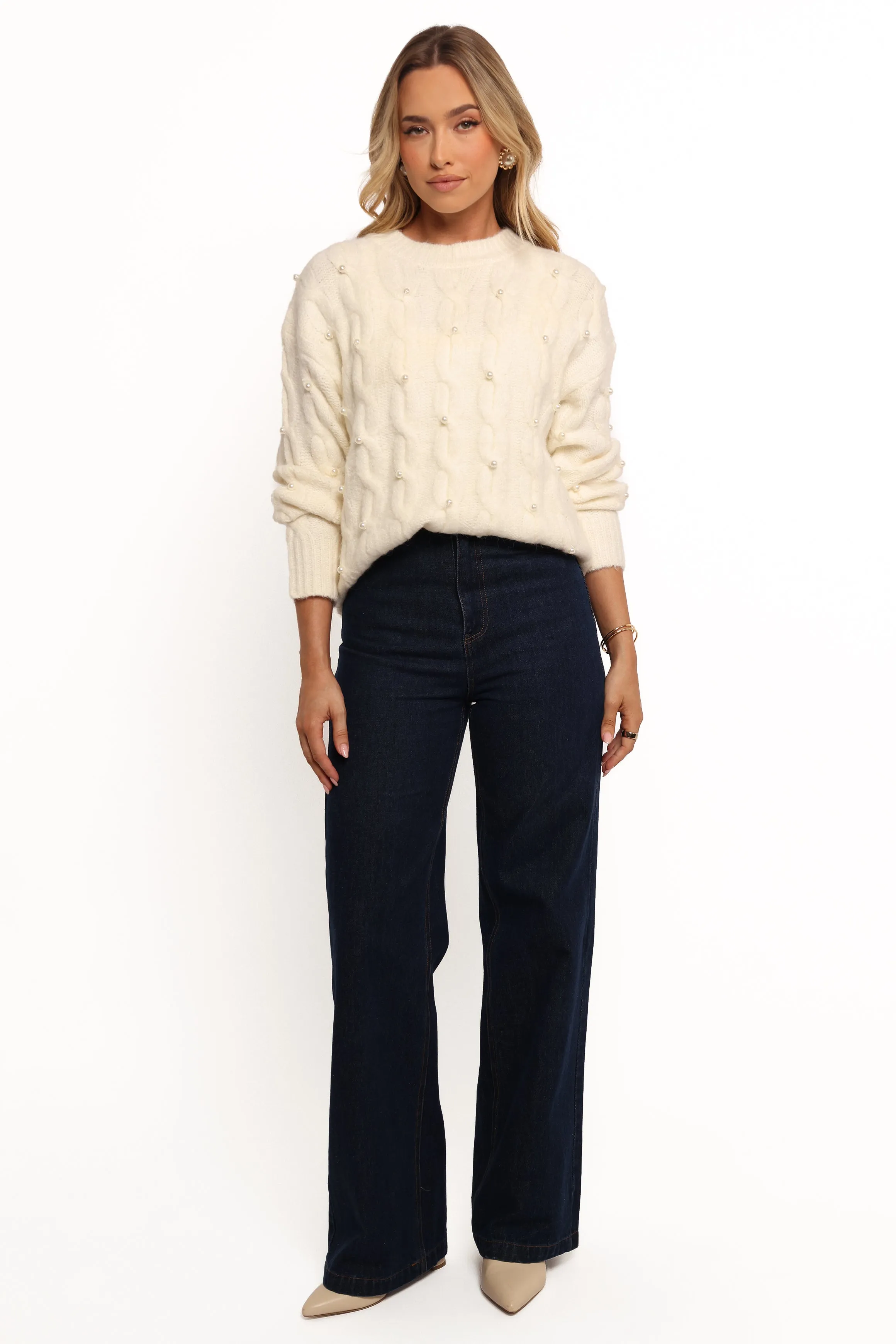 Kalai Cable Knit Pearl Detail Knit Sweater - Cream DoubleLayered Hem Technology