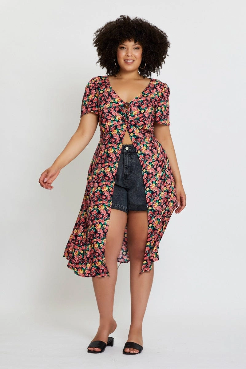 Floral Print Midi Dress Short Sleeve Button Artistic Shape