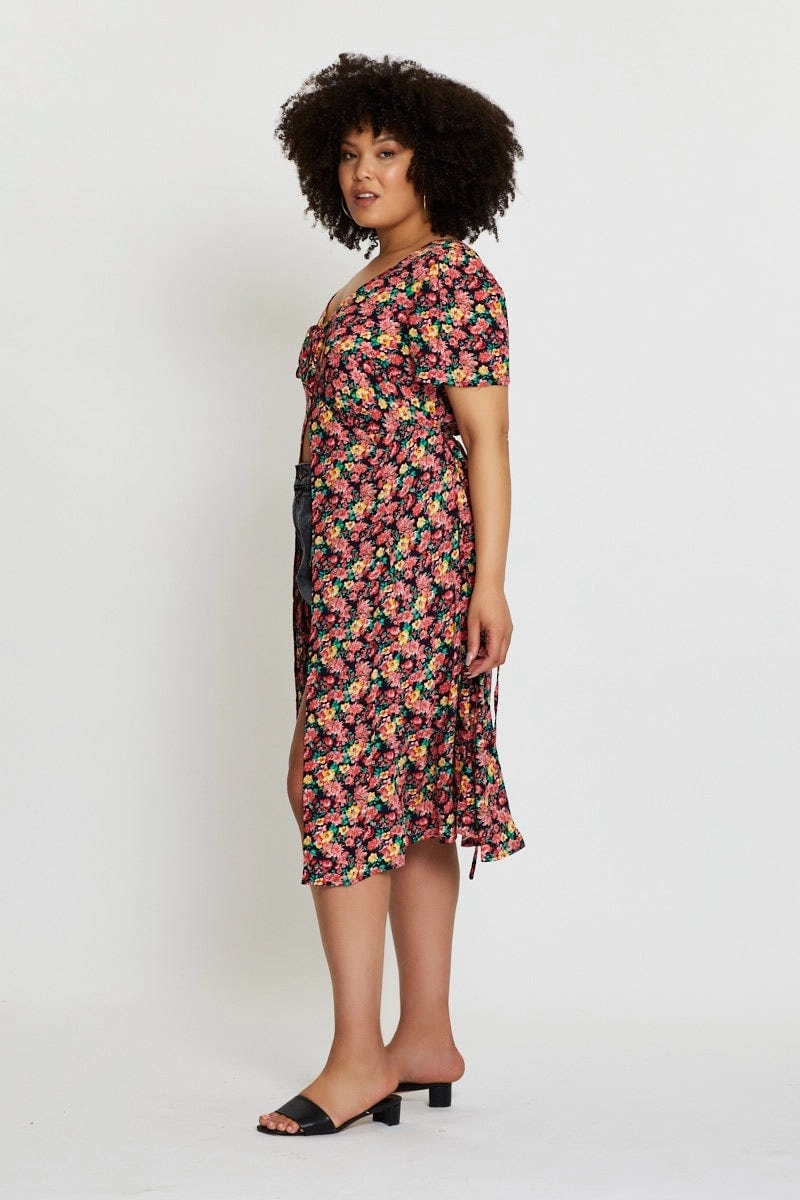 Lounge Texture Celebrity-Inspired Floral Print Midi Dress Short Sleeve Button