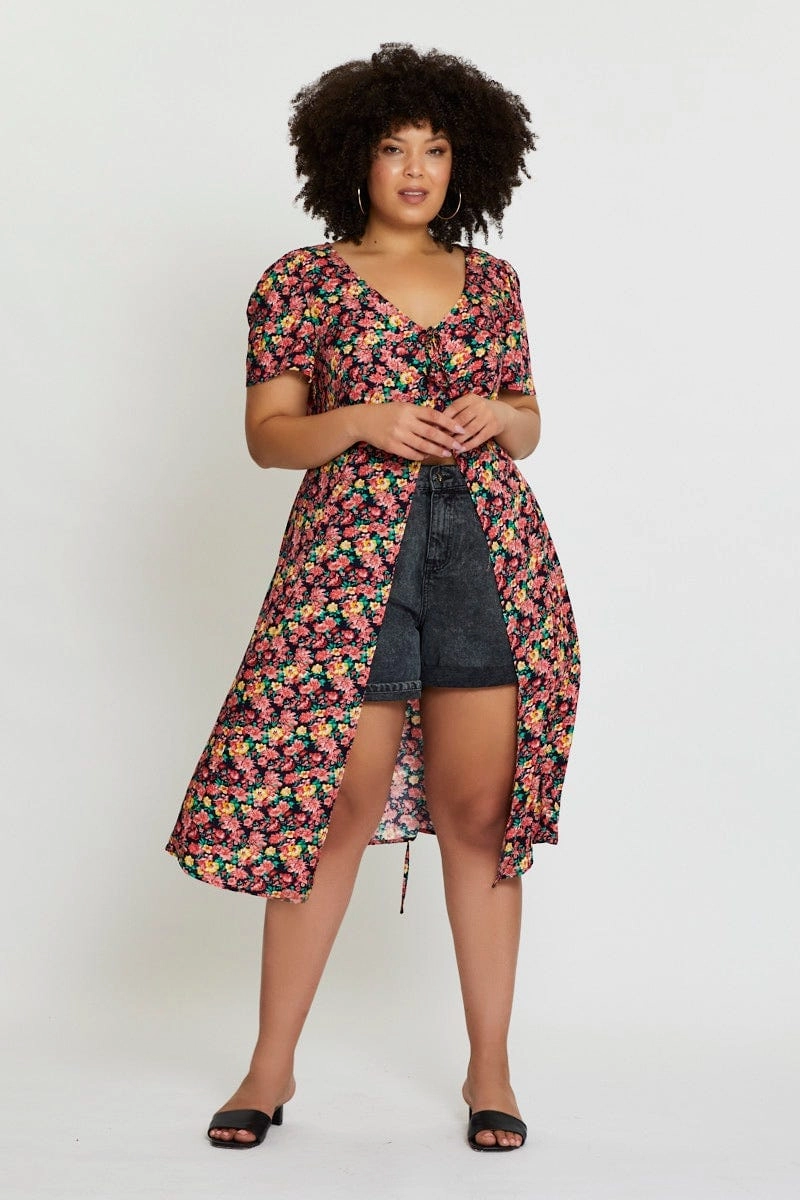Theater-Night Noble Glow Floral Print Midi Dress Short Sleeve Button