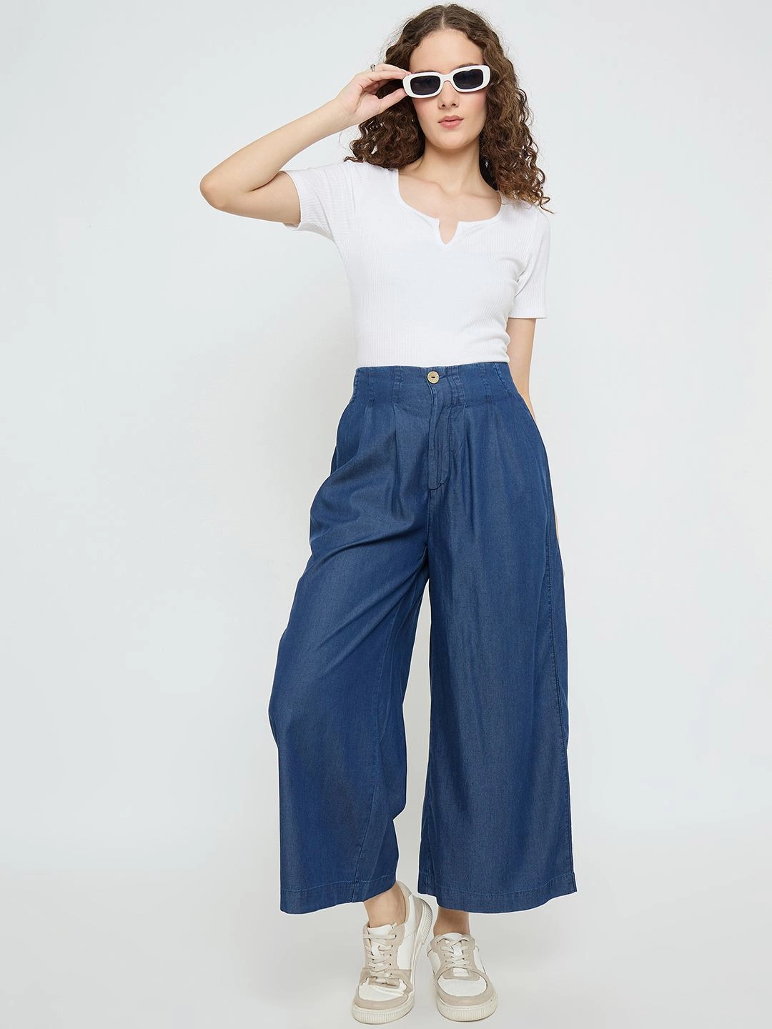 Madame Pintuck Detailed Cotton Blend Mid Blue Wide Leg Jeans Chill Attire Unfaded Hemline