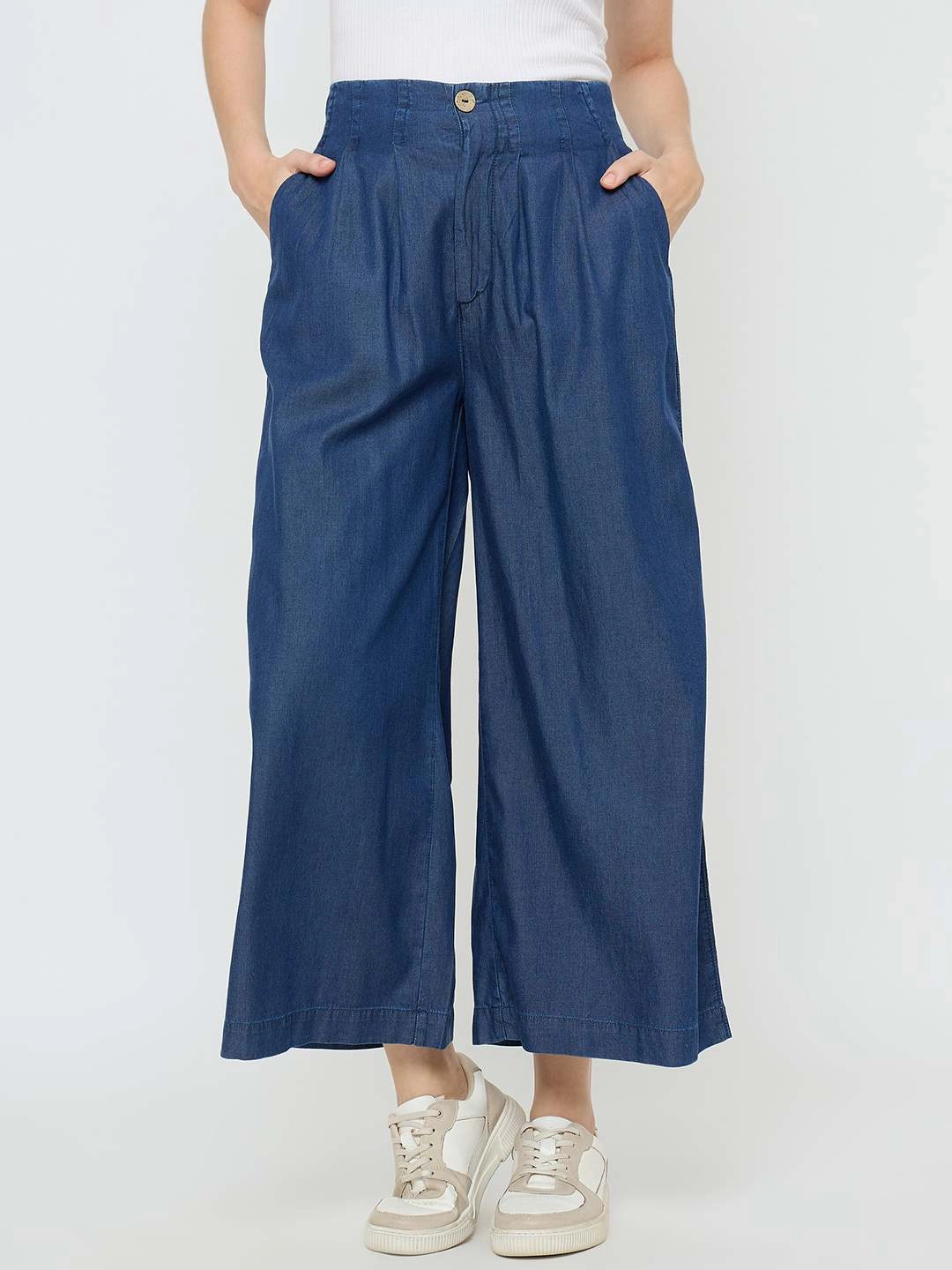 Earthy Music Event Simple Fashion Madame Pintuck Detailed Cotton Blend Mid Blue Wide Leg Jeans