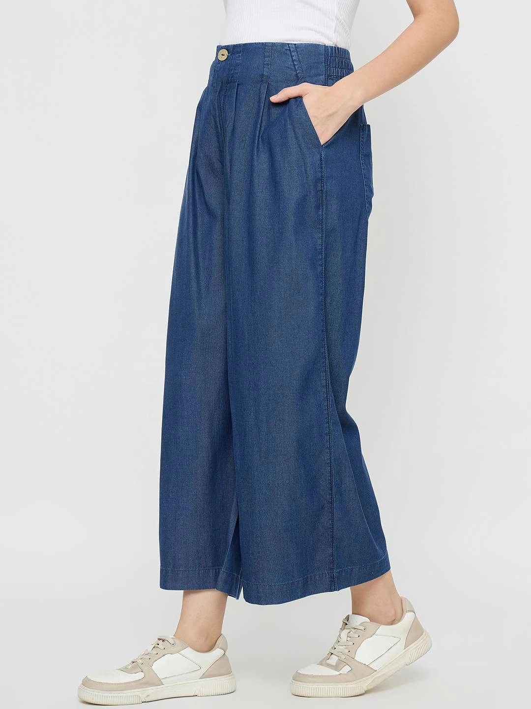 Madame Pintuck Detailed Cotton Blend Mid Blue Wide Leg Jeans Neutral Smooth