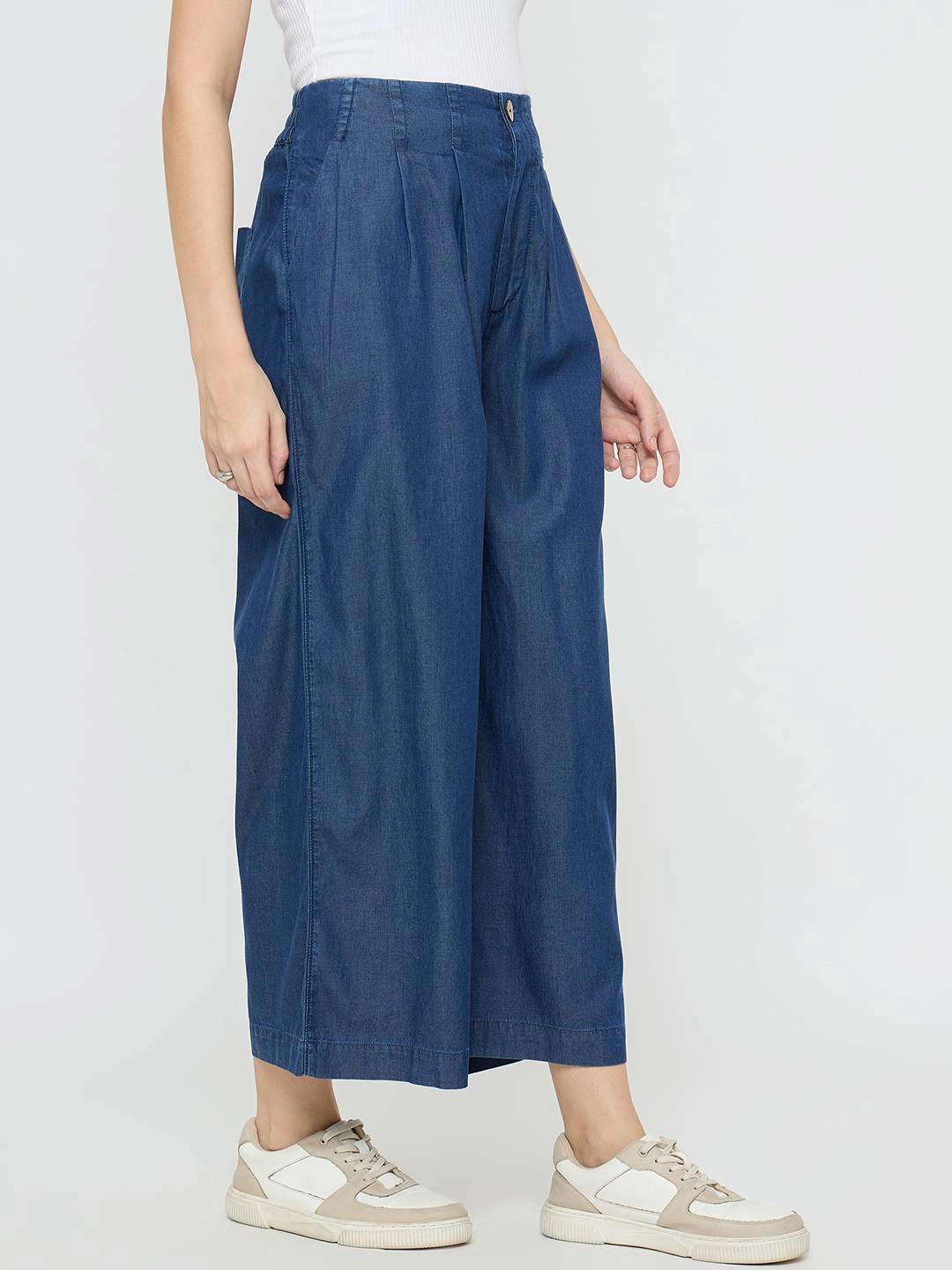 Wardrobe Choice Outfit Mix Madame Pintuck Detailed Cotton Blend Mid Blue Wide Leg Jeans