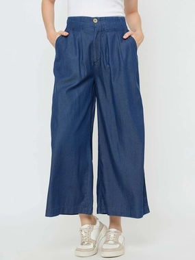 Earthy Music Event Simple Fashion Madame Pintuck Detailed Cotton Blend Mid Blue Wide Leg Jeans