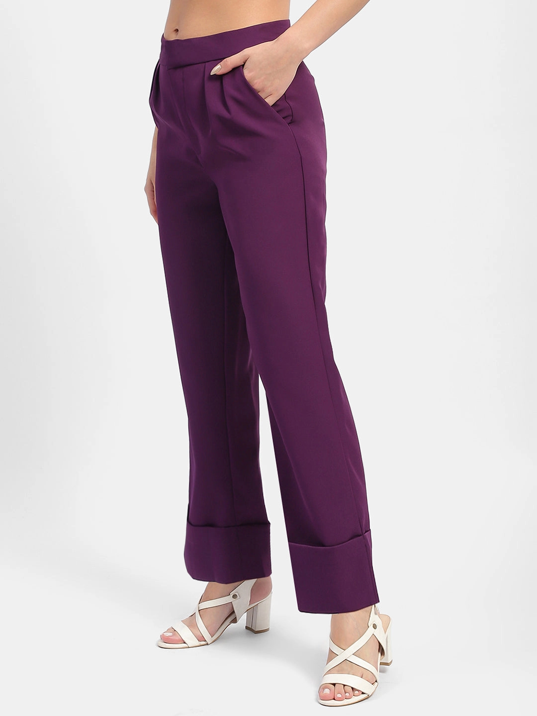 Madame Front Pleated Purple Rolled Hem Trousers Bonded Seam Technology Durable Hemming